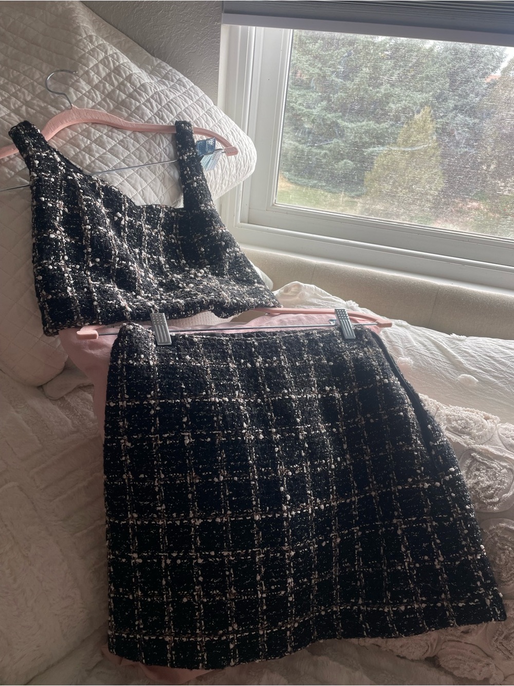 Abercrombie & Fitch Black Tweed Crop Top & Mini Skort Set with Cream Accents